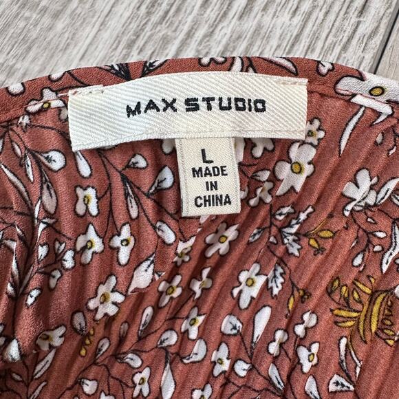Max Studio Orange Terracotta Crepe Pleated Top Womens Large Long Sleeve Floral - Picture 5 of 7